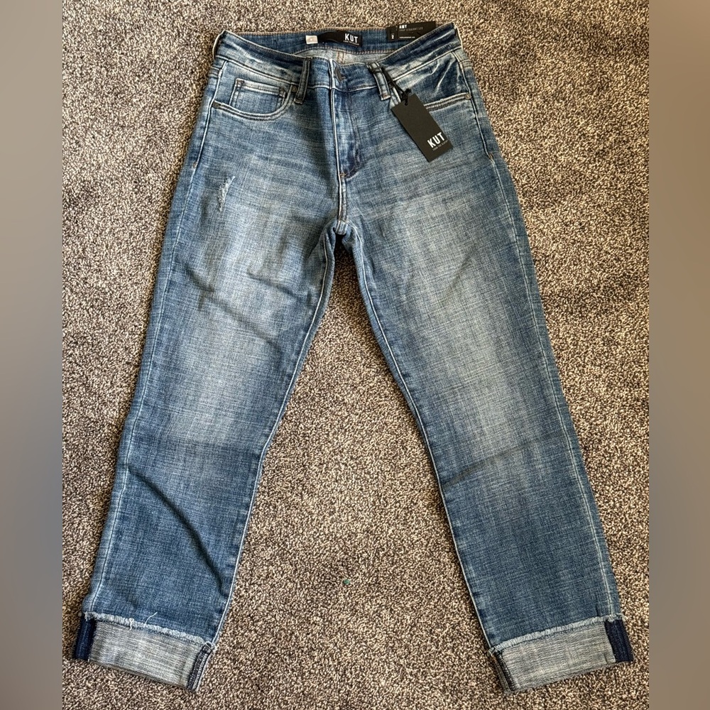 KUT From The Kloth Amy Crop Straight Leg Jeans Size 2 NWT Cuffed Hem Medium Wash
